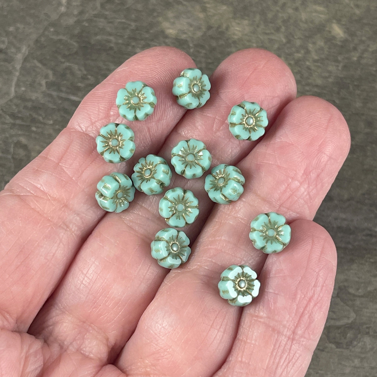 Tiny 7mm Flower Beads, Turquoise Blue Hibiscus Flowers, Light Blue Czech Glass Beads with Picasso Finish (FL7/RJ-1199) * Qty. 12