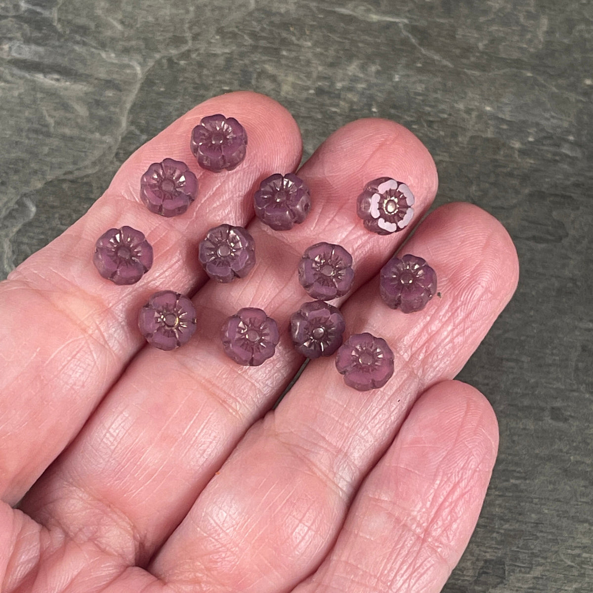 Tiny 7mm Flower Beads, Pink Opaline Hibiscus Flowers with Bronze Wash, Mauve Czech Glass Beads (FL7/RJ-1220) * Qty. 12
