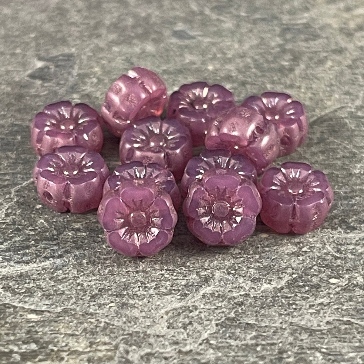 Tiny 7mm Flower Beads, Pink Opaline Hibiscus Flowers with Bronze Wash, Mauve Czech Glass Beads (FL7/RJ-1220) * Qty. 12