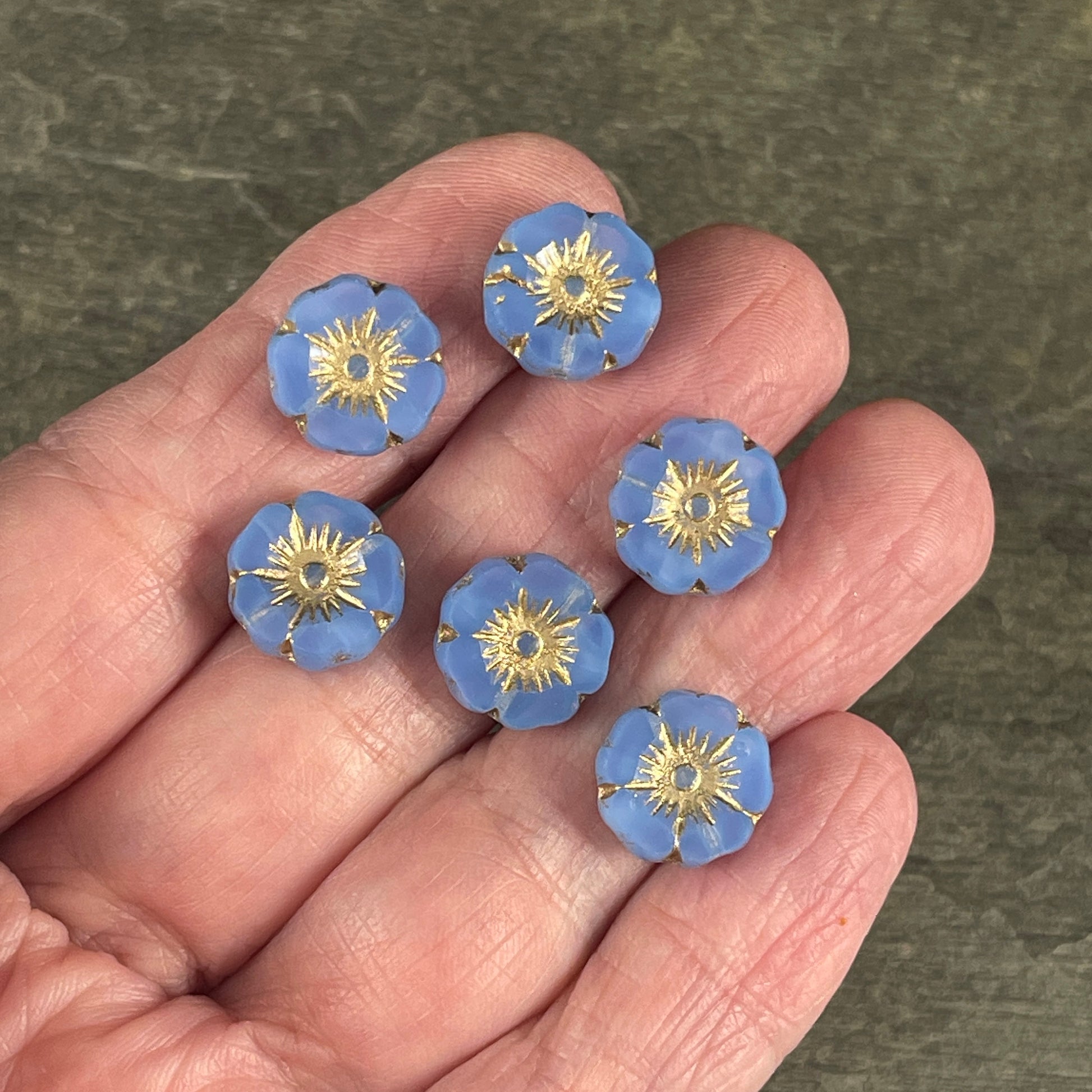 Czech Glass Beads - 12mm Sapphire Blue Hibiscus Flower Beads ~ Sapphire Opaline Glass with Gold Wash (FL12/RJ-1166) * Qty. 6