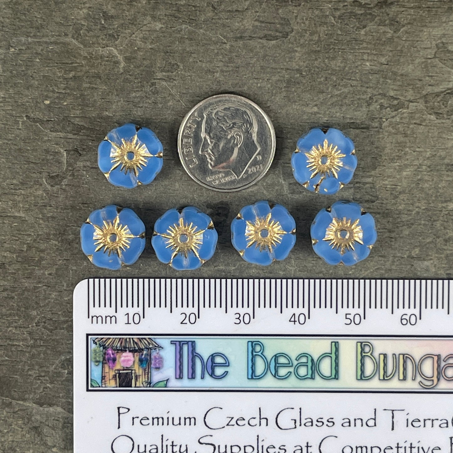 Czech Glass Beads - 12mm Sapphire Blue Hibiscus Flower Beads ~ Sapphire Opaline Glass with Gold Wash (FL12/RJ-1166) * Qty. 6