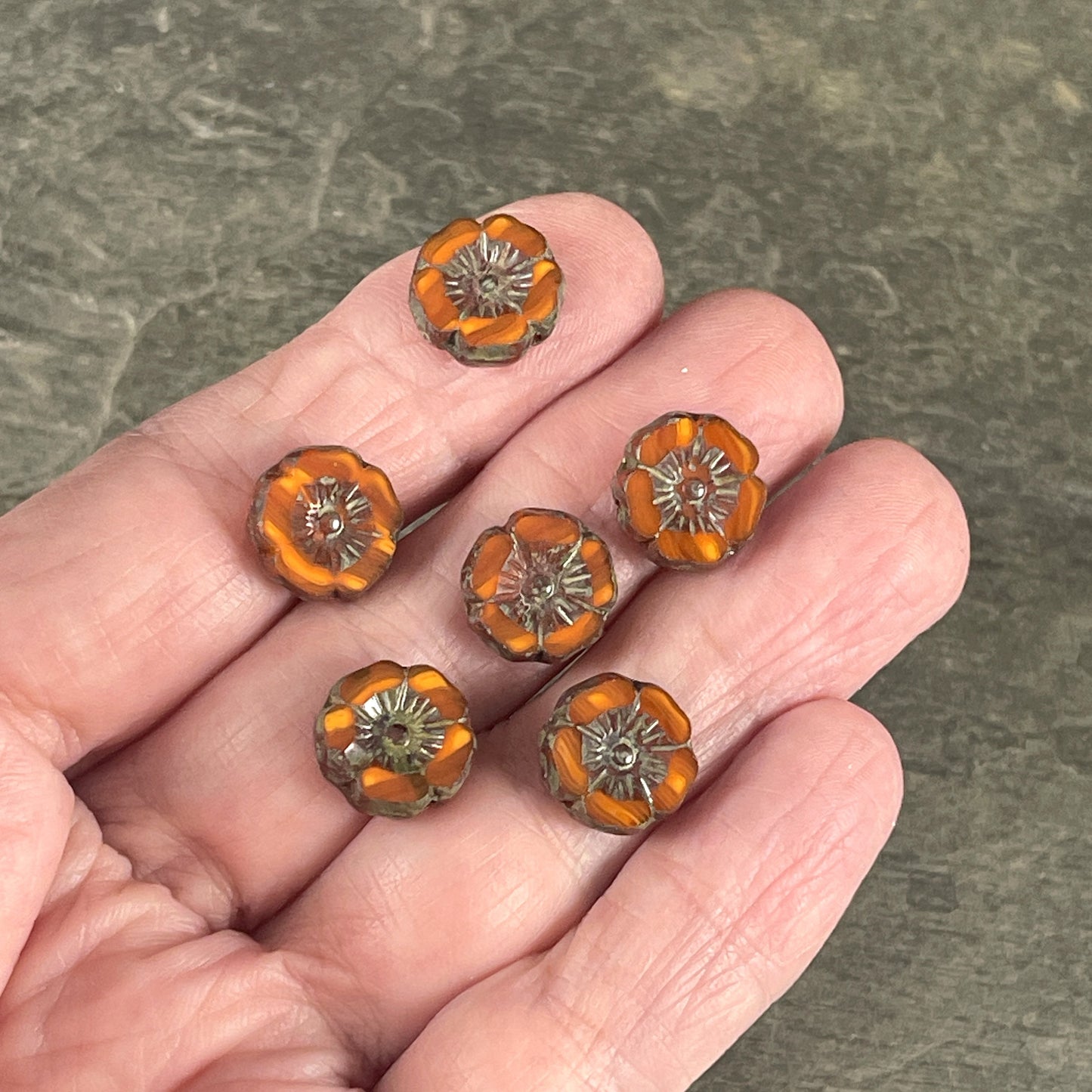 Czech Glass Beads - 12mm Striped Orange Hibiscus Flower Beads ~ Burnt Orange Two-Tone Glass with Picasso Finish (FL12/RJ-1186) * Qty. 6