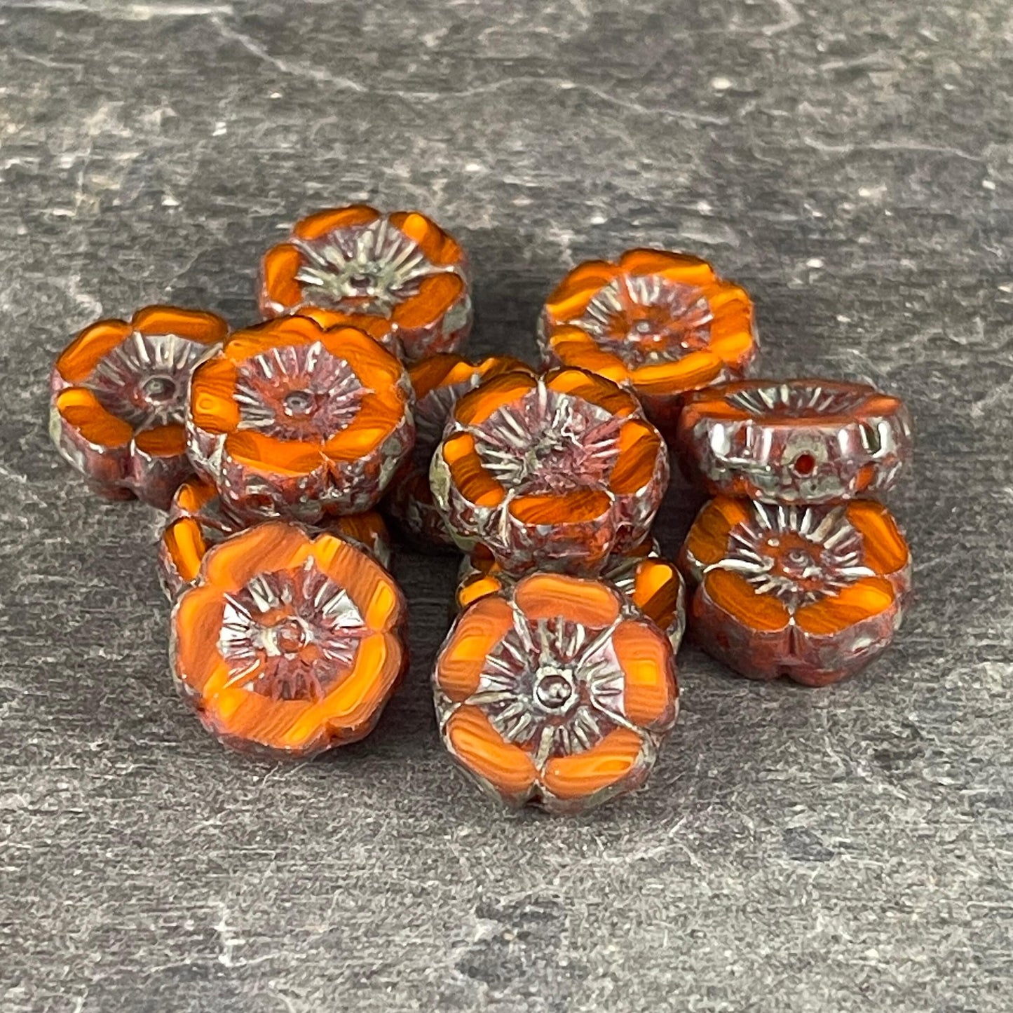 Czech Glass Beads - 12mm Striped Orange Hibiscus Flower Beads ~ Burnt Orange Two-Tone Glass with Picasso Finish (FL12/RJ-1186) * Qty. 6