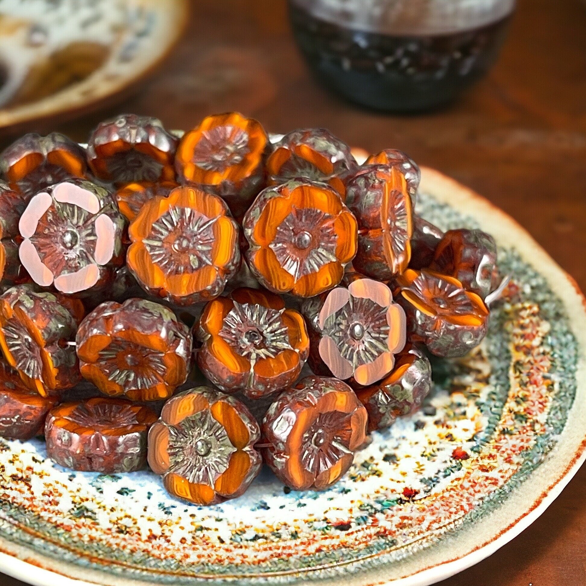 Czech Glass Beads - 12mm Striped Orange Hibiscus Flower Beads ~ Burnt Orange Two-Tone Glass with Picasso Finish (FL12/RJ-1186) * Qty. 6