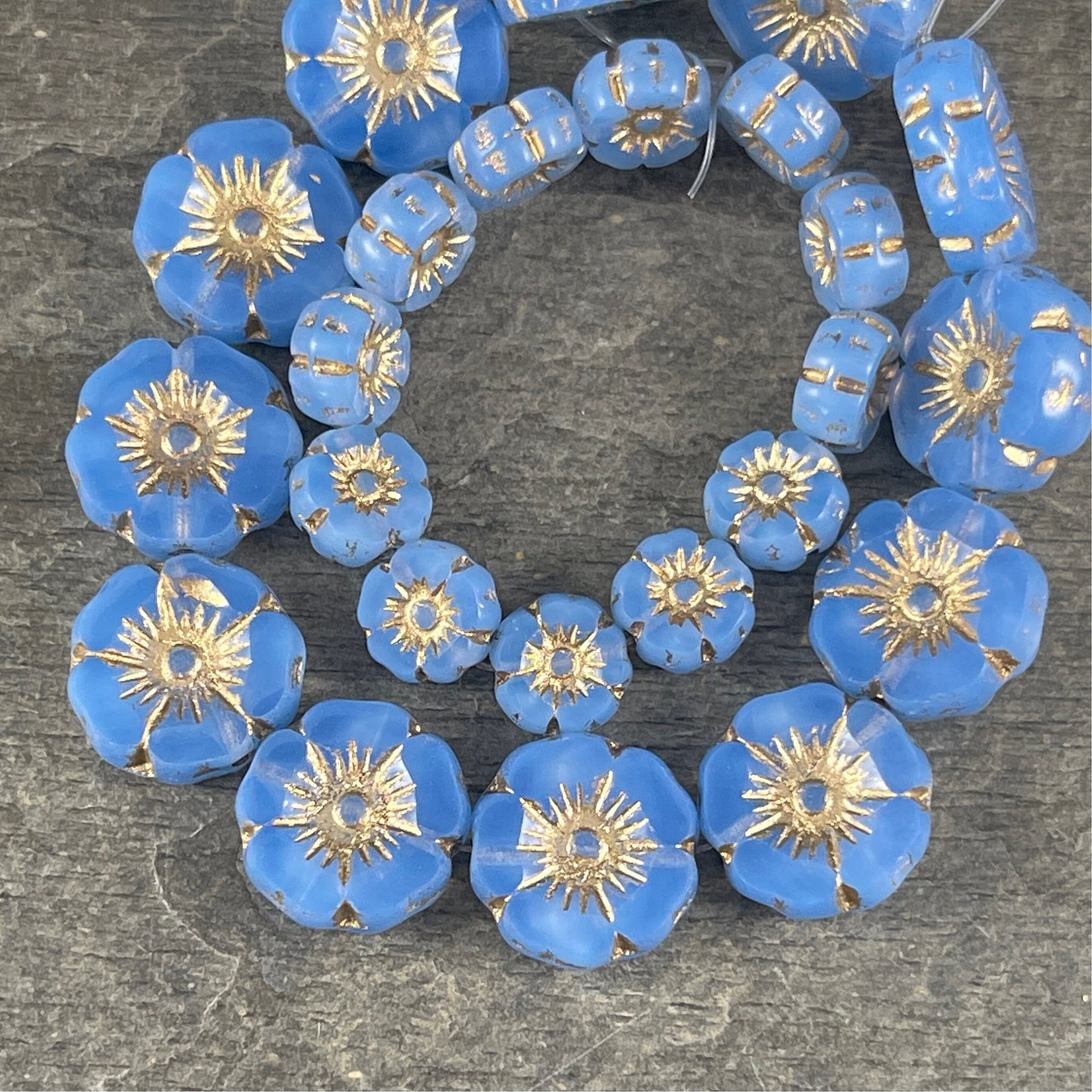 Czech Glass Beads - 12mm Sapphire Blue Hibiscus Flower Beads ~ Sapphire Opaline Glass with Gold Wash (FL12/RJ-1166) * Qty. 6