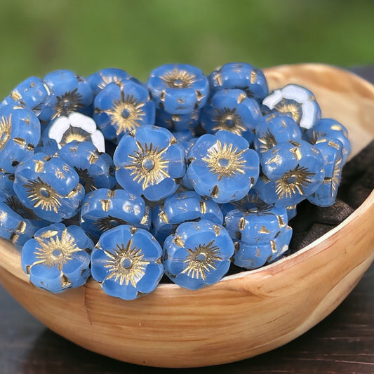 Czech Glass Beads - 12mm Sapphire Blue Hibiscus Flower Beads ~ Sapphire Opaline Glass with Gold Wash (FL12/RJ-1166) * Qty. 6