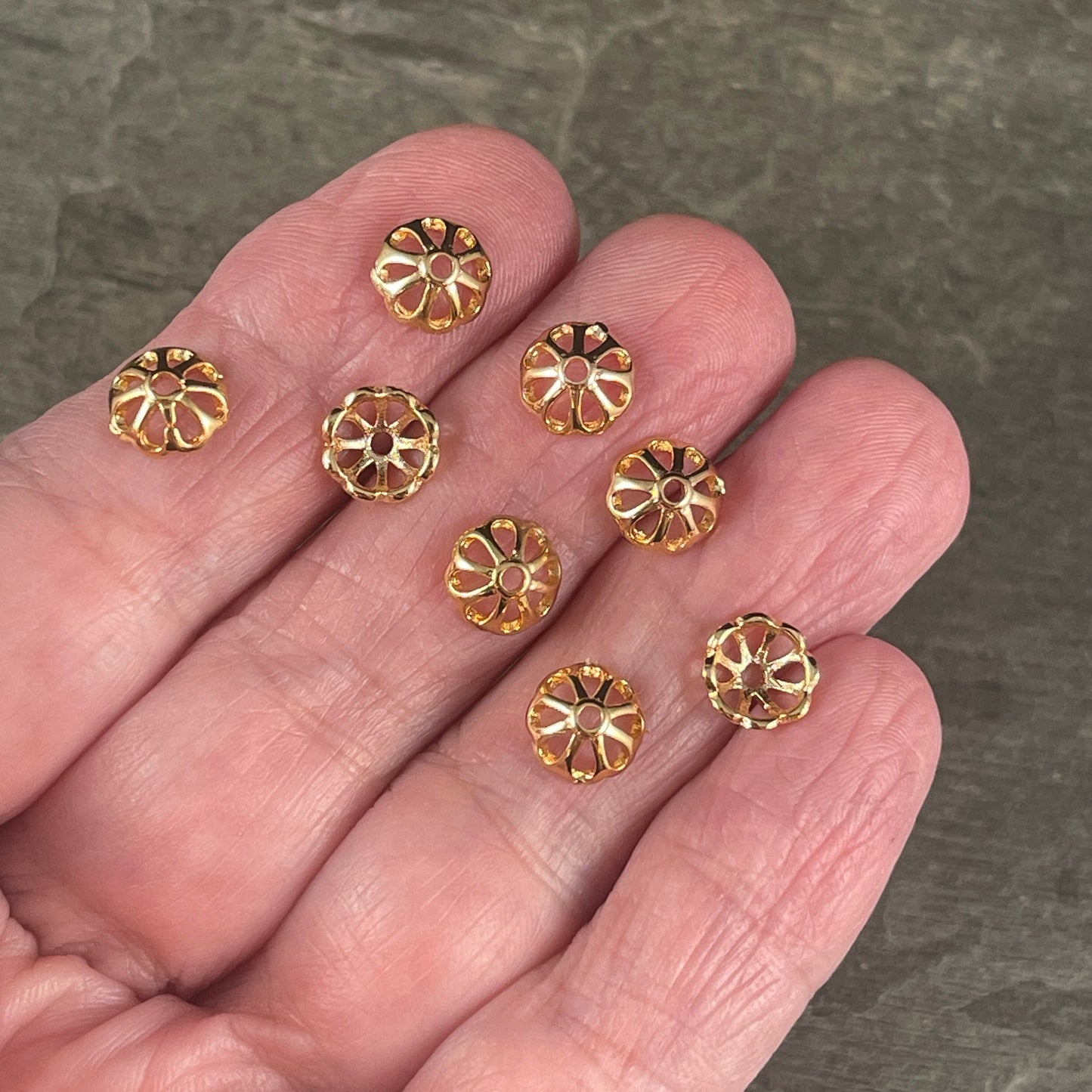 18k Gold Plated Brass Bead Caps, 8-Petal Shape, Nickel Free 8mm Gold Bead Caps (F727-74G-NF) * Qty. 20