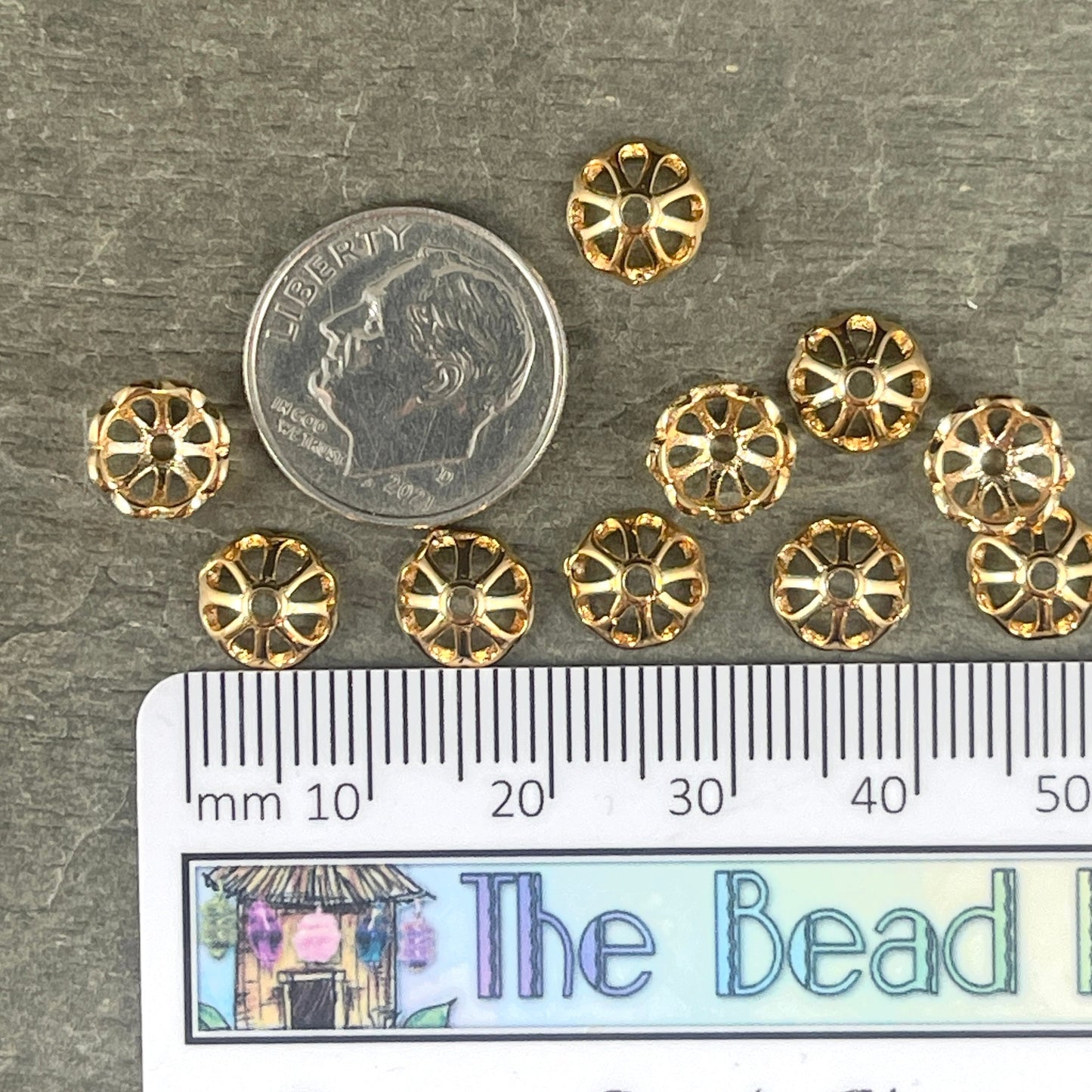 18k Gold Plated Brass Bead Caps, 8-Petal Shape, Nickel Free 8mm Gold Bead Caps (F727-74G-NR) * Qty. 20