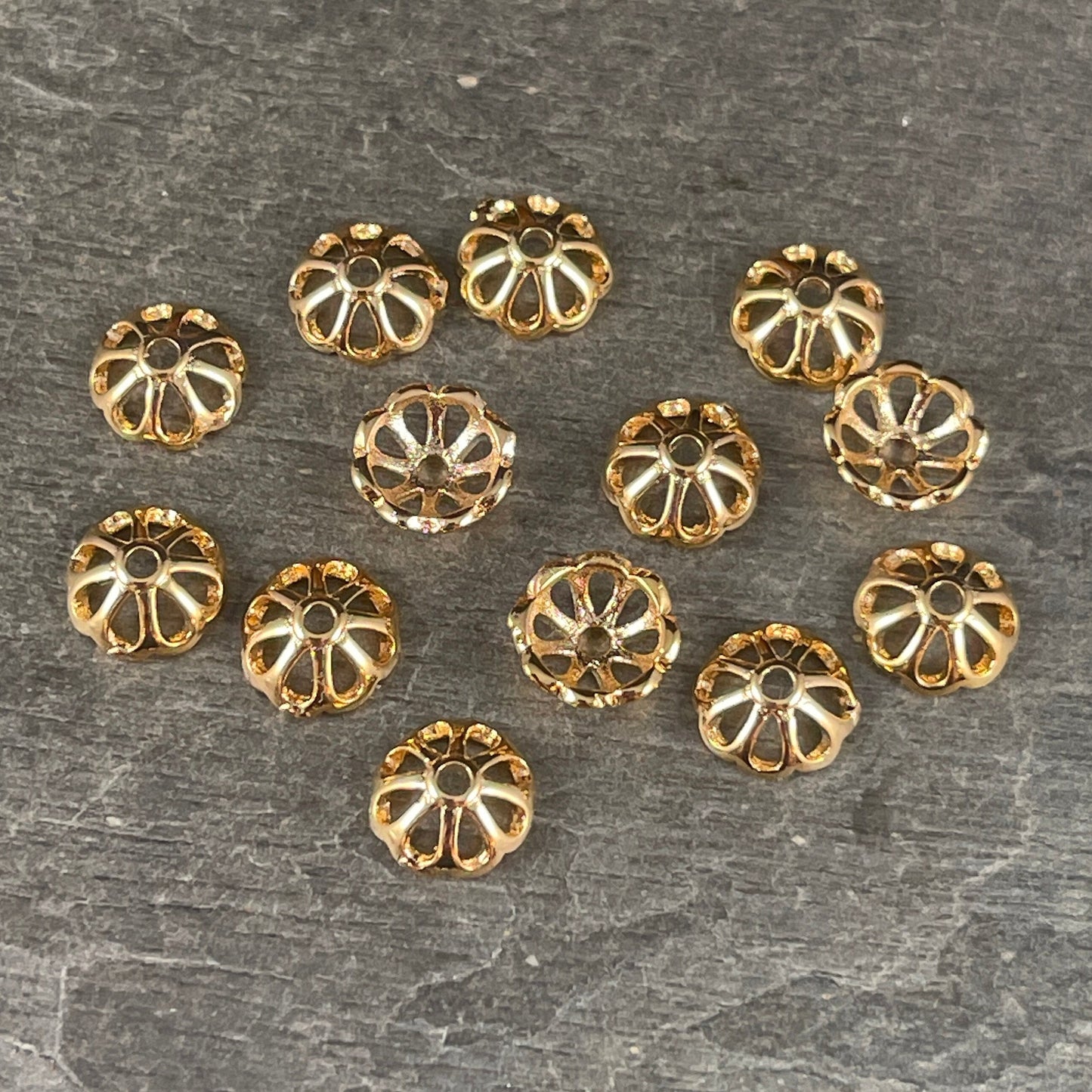 18k Gold Plated Brass Bead Caps, 8-Petal Shape, Nickel Free 8mm Gold Bead Caps (F727-74G-NF) * Qty. 20