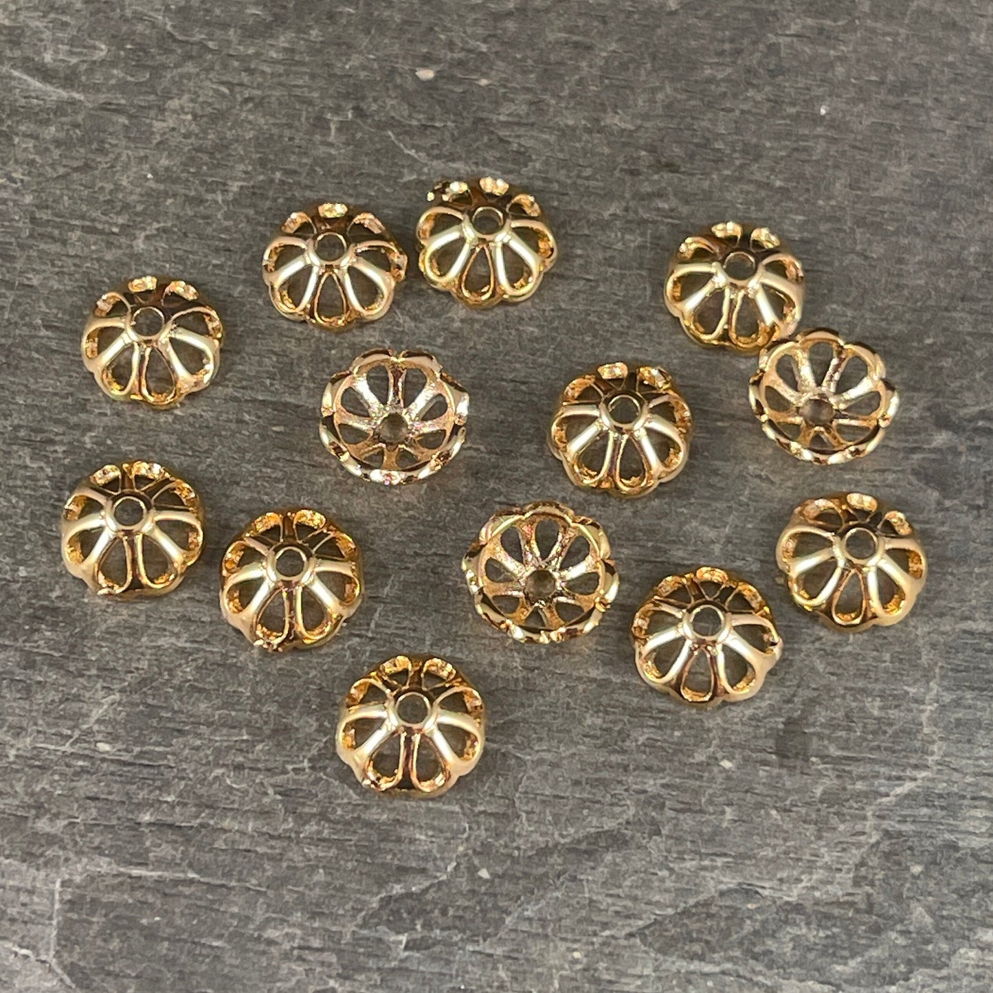 18k Gold Plated Brass Bead Caps, 8-Petal Shape, Nickel Free 8mm Gold Bead Caps (F727-74G-NR) * Qty. 20