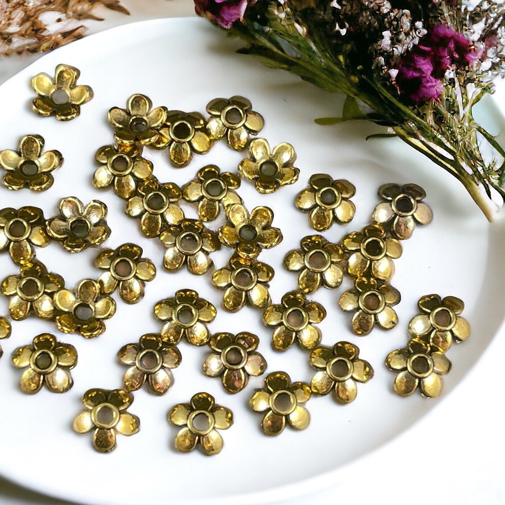 Small Gold Bead Caps ~ Antiqued Gold 5-Petal Bead Caps ~ 6mm Floral Theme Bead Caps (P002-08AG-NR) * Qty. 200