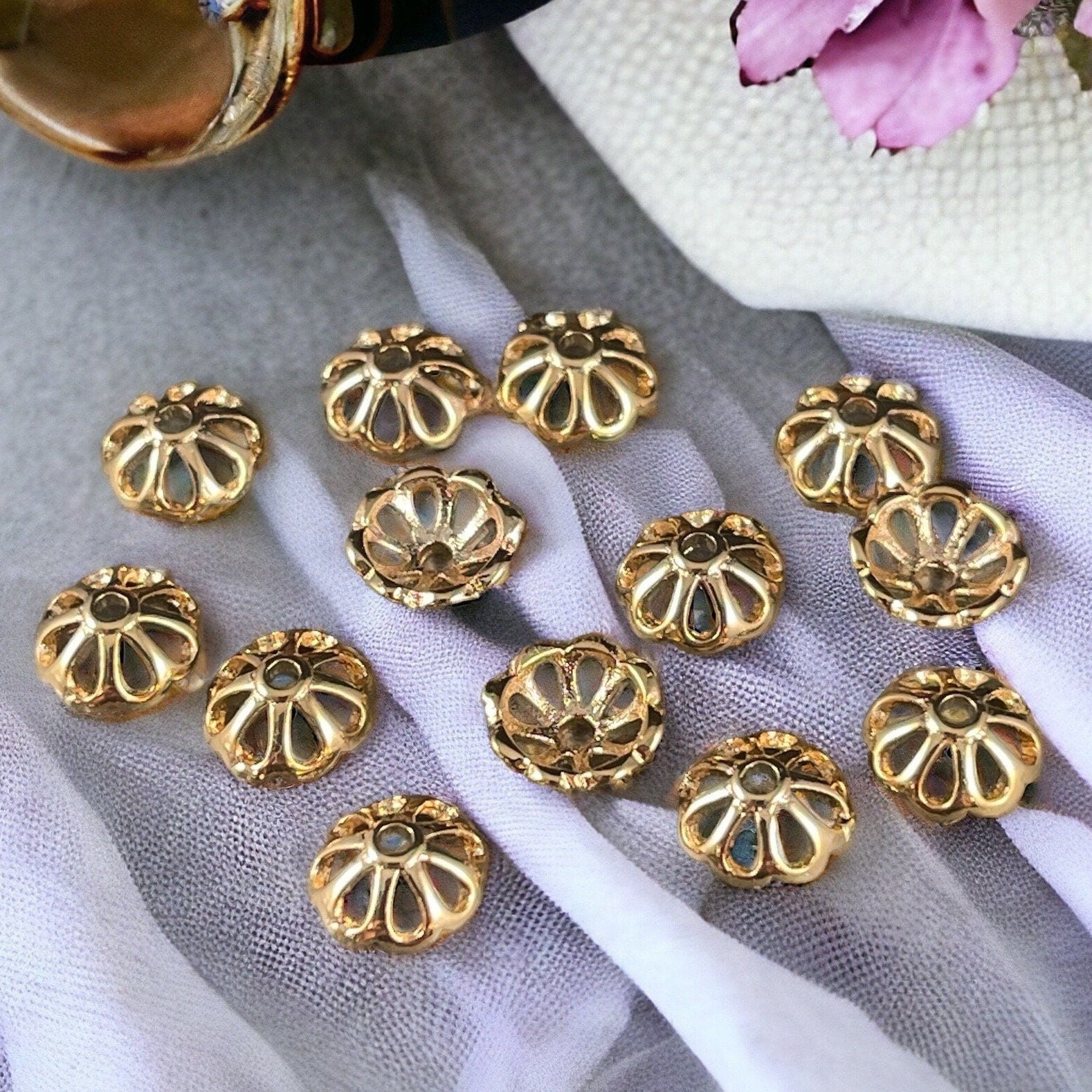 18k Gold Plated Brass Bead Caps, 8-Petal Shape, Nickel Free 8mm Gold Bead Caps (F727-74G-NF) * Qty. 20