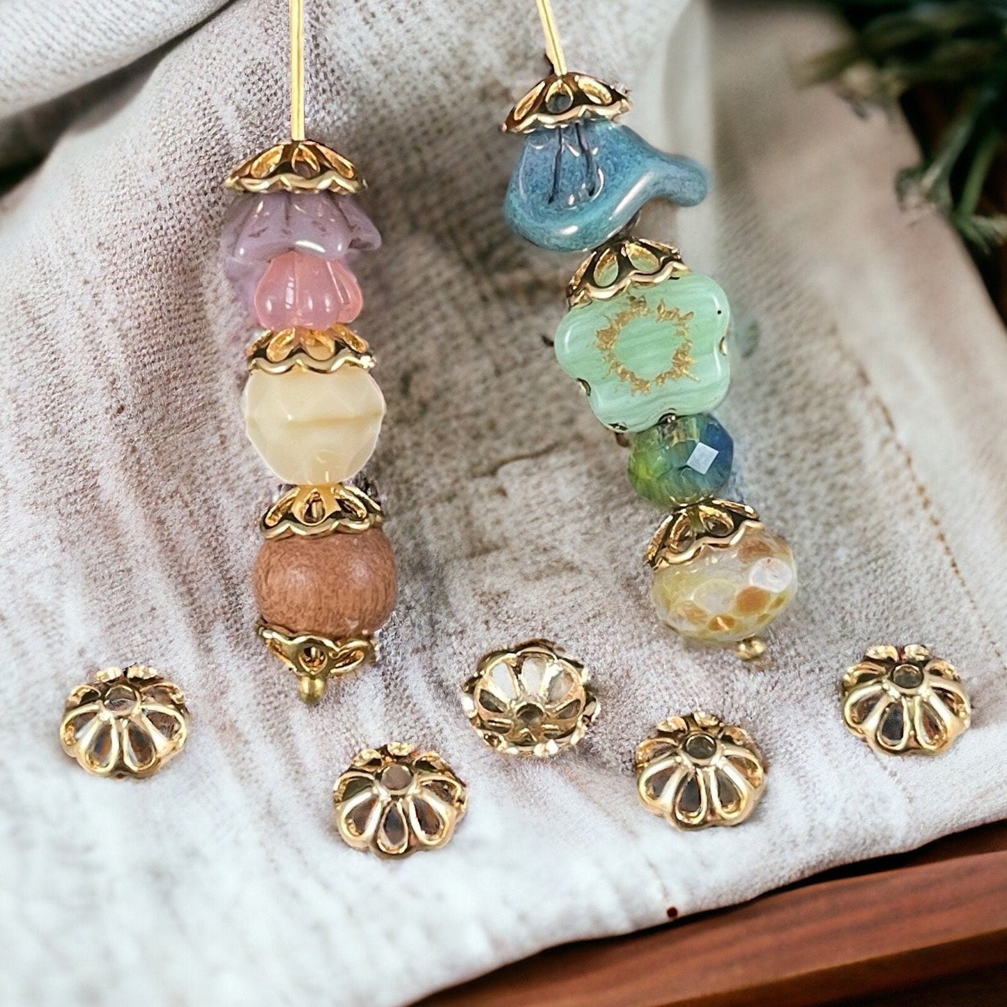 18k Gold Plated Brass Bead Caps, 8-Petal Shape, Nickel Free 8mm Gold Bead Caps (F727-74G-NF) * Qty. 20