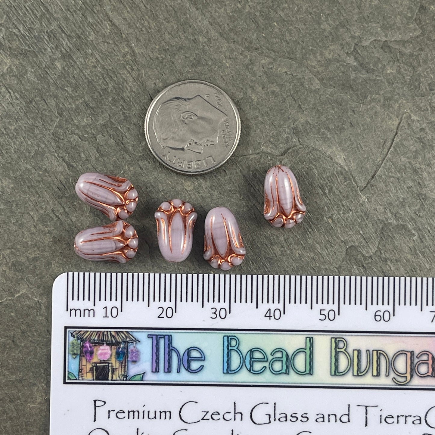 Light Purple Lily Bud Beads with Copper Wash, Czech Glass Beads, 12x8mm Flower Bud (LBud15) * Qty. 12