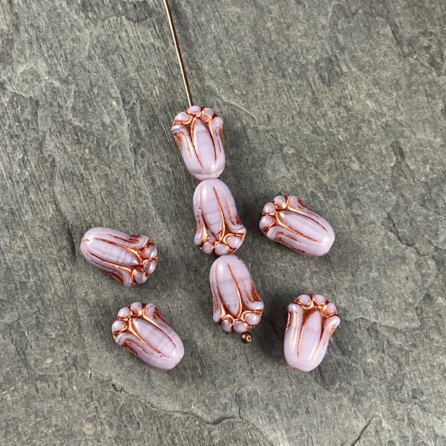 Light Purple Lily Bud Beads with Copper Wash, Czech Glass Beads, 12x8mm Flower Bud (LBud15) * Qty. 12