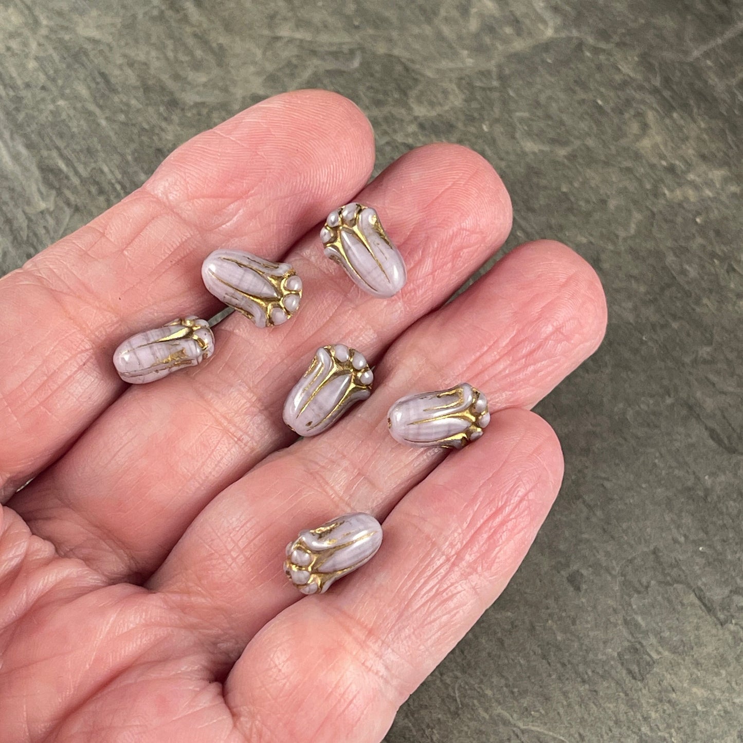 Light Purple Lily Bud Beads with Gold Wash, Czech Glass Beads, 12x8mm Flower Bud (LBud13) * Qty. 12