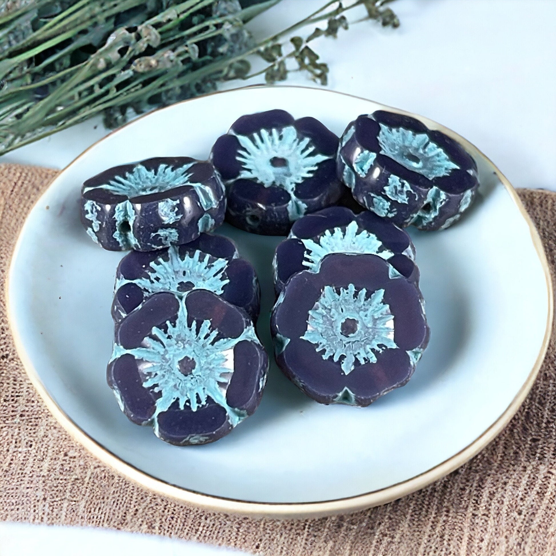 Czech Glass Beads - 12mm Purple and Blue Hibiscus Flower Beads ~ Opaque Lavender with Turquoise Wash (FL12/RJ-1154) * Qty. 6