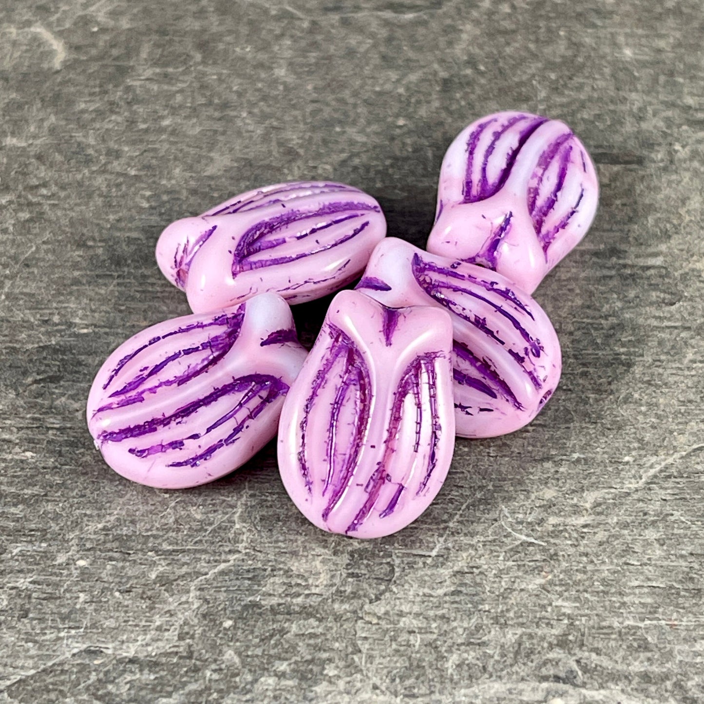 Czech Glass Beads - 16x11 Tulip Beads - Pink and White Flower with Purple Wash (PTul-18) * Qty. 4