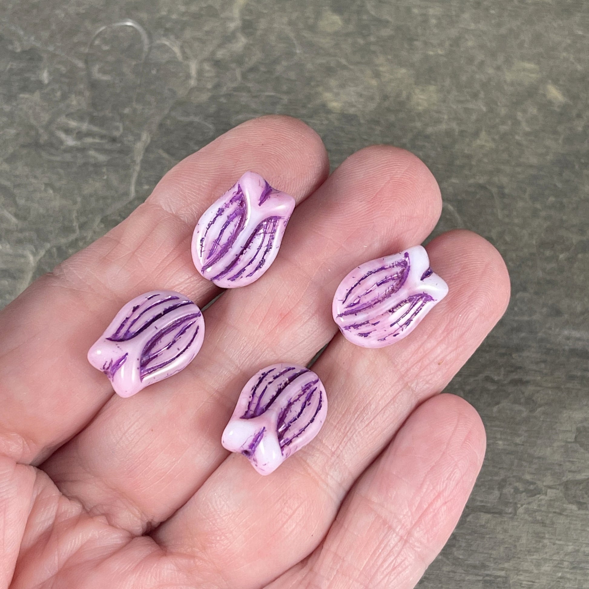 Czech Glass Beads - 16x11 Tulip Beads - Pink and White Flower with Purple Wash (PTul-18) * Qty. 4