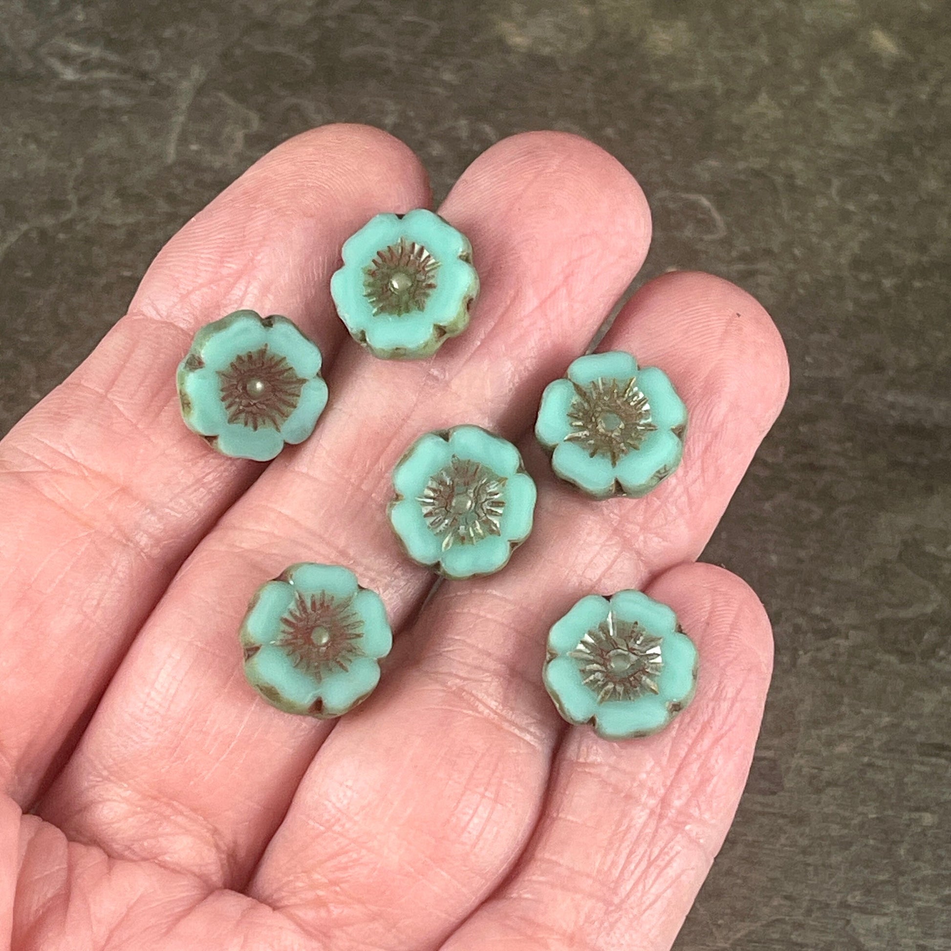 Czech Glass Beads - 12mm Turquoise Blue Hibiscus Flower Beads ~ Turquoise Glass with Picasso Finish (FL12/RJ-1184) * Qty. 6