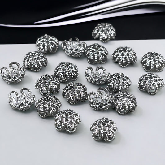 Stainless Steel Silver Filigree Bead Caps, 8mm Dark Silver 5-Petal Bead Caps (M212-03B) * Qty. 50