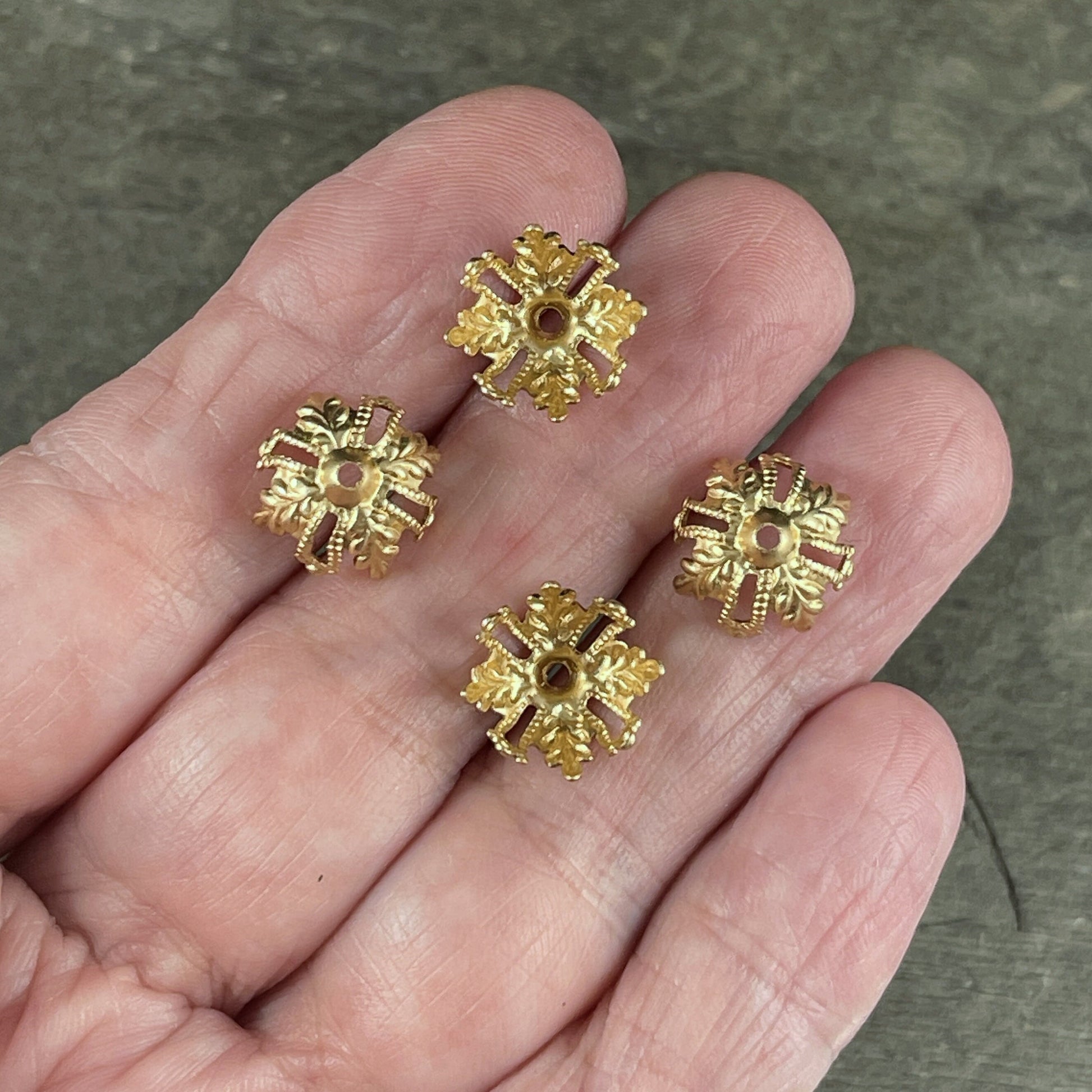 Golden Floral & Filigree Bead Caps, Ornate Victorian Raw Brass Filigree Bead Caps (BB83r) * Qty. 6