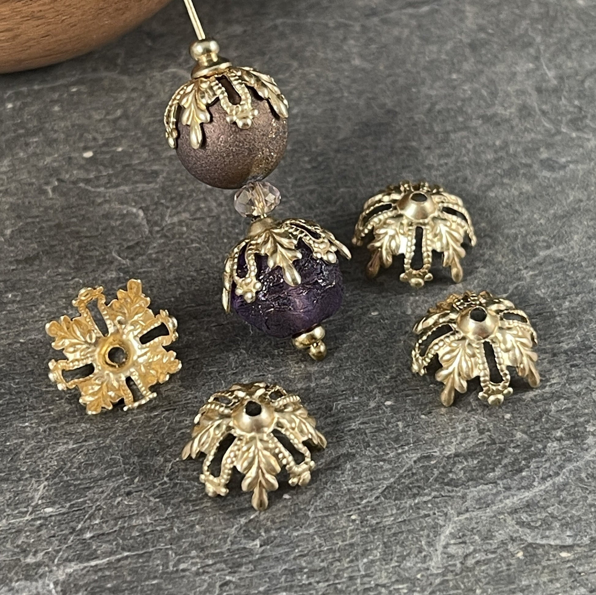 Golden Floral & Filigree Bead Caps, Ornate Victorian Raw Brass Filigree Bead Caps (BB83r) * Qty. 6