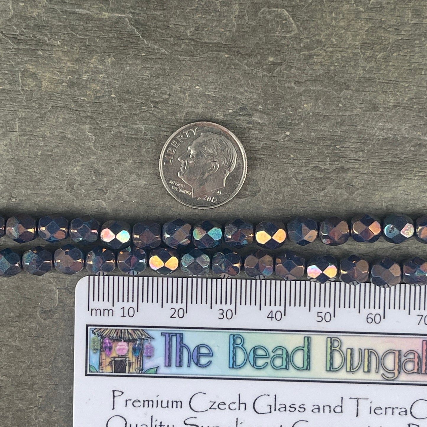 6mm Bluish Purple Iridescent Beads, Czech Glass Fire Polished Faceted Round Beads - Oxidized Bronze Titanium Luster (FP6/SM-15865) * Qty. 25