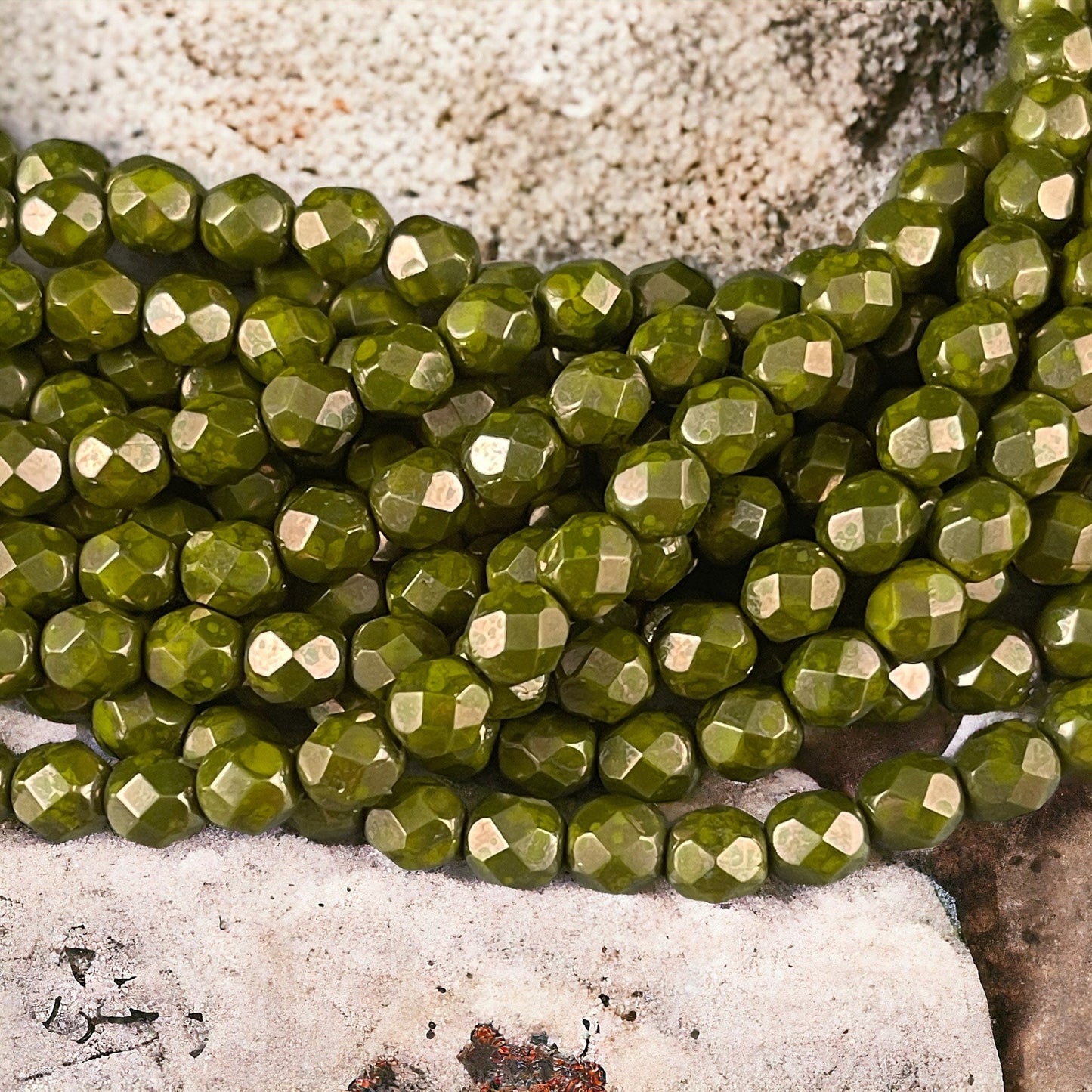 Olive Green 6mm Czech Glass Beads, Fire Polished Faceted Round Beads, Olive Green Moon Dust Luster (FP6/SM-MD53420) * Qty. 25