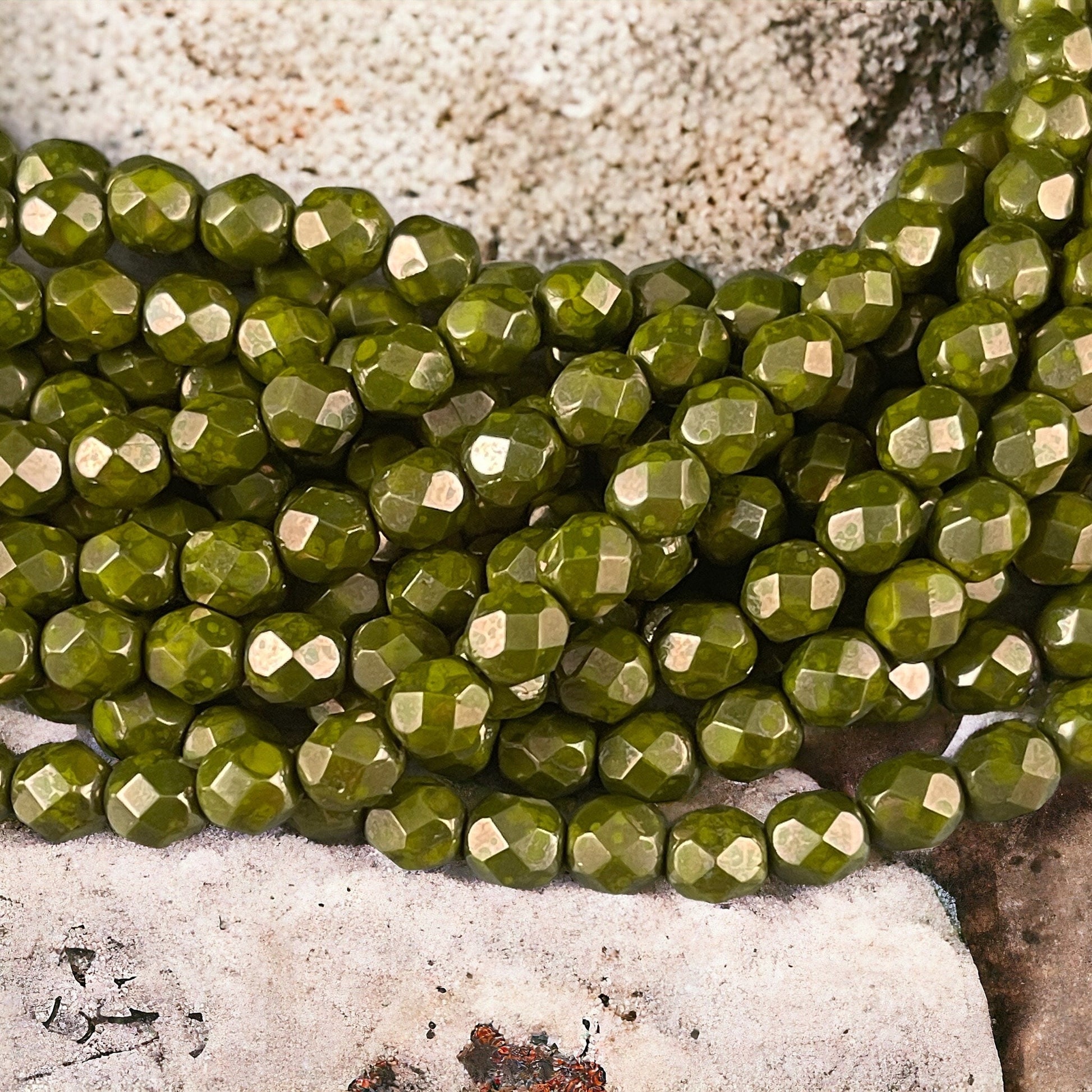 Olive Green 6mm Czech Glass Beads, Fire Polished Faceted Round Beads, Olive Green Moon Dust Luster (FP6/SM-MD53420) * Qty. 25