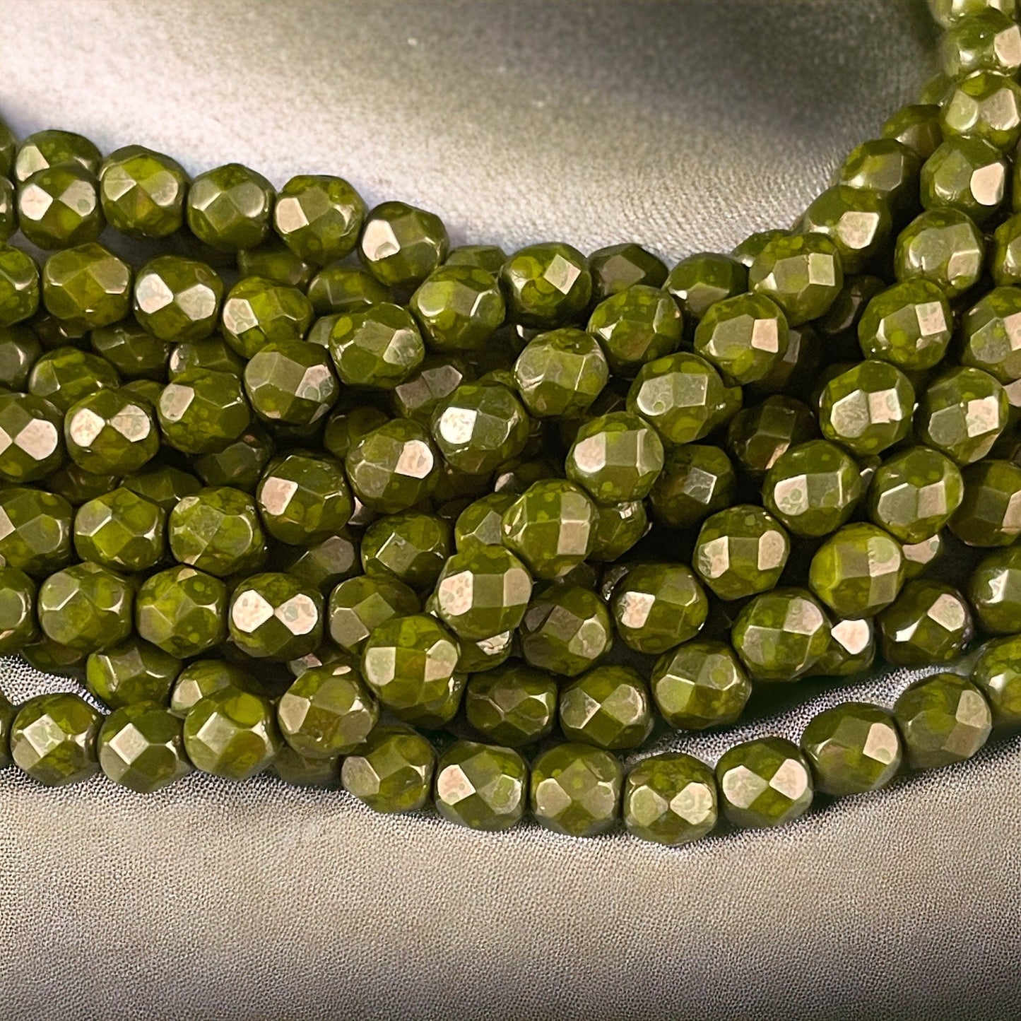 Olive Green 6mm Czech Glass Beads, Fire Polished Faceted Round Beads, Olive Green Moon Dust Luster (FP6/SM-MD53420) * Qty. 25