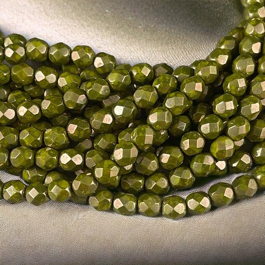 Olive Green 6mm Czech Glass Beads, Fire Polished Faceted Round Beads, Olive Green Moon Dust Luster (FP6/SM-MD53420) * Qty. 25