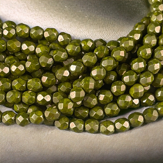 Czech Glass - 6mm Faceted Round Beads, Olive Green Moon Dust Luster (FP6/SM-MD53420) * Qty. 25