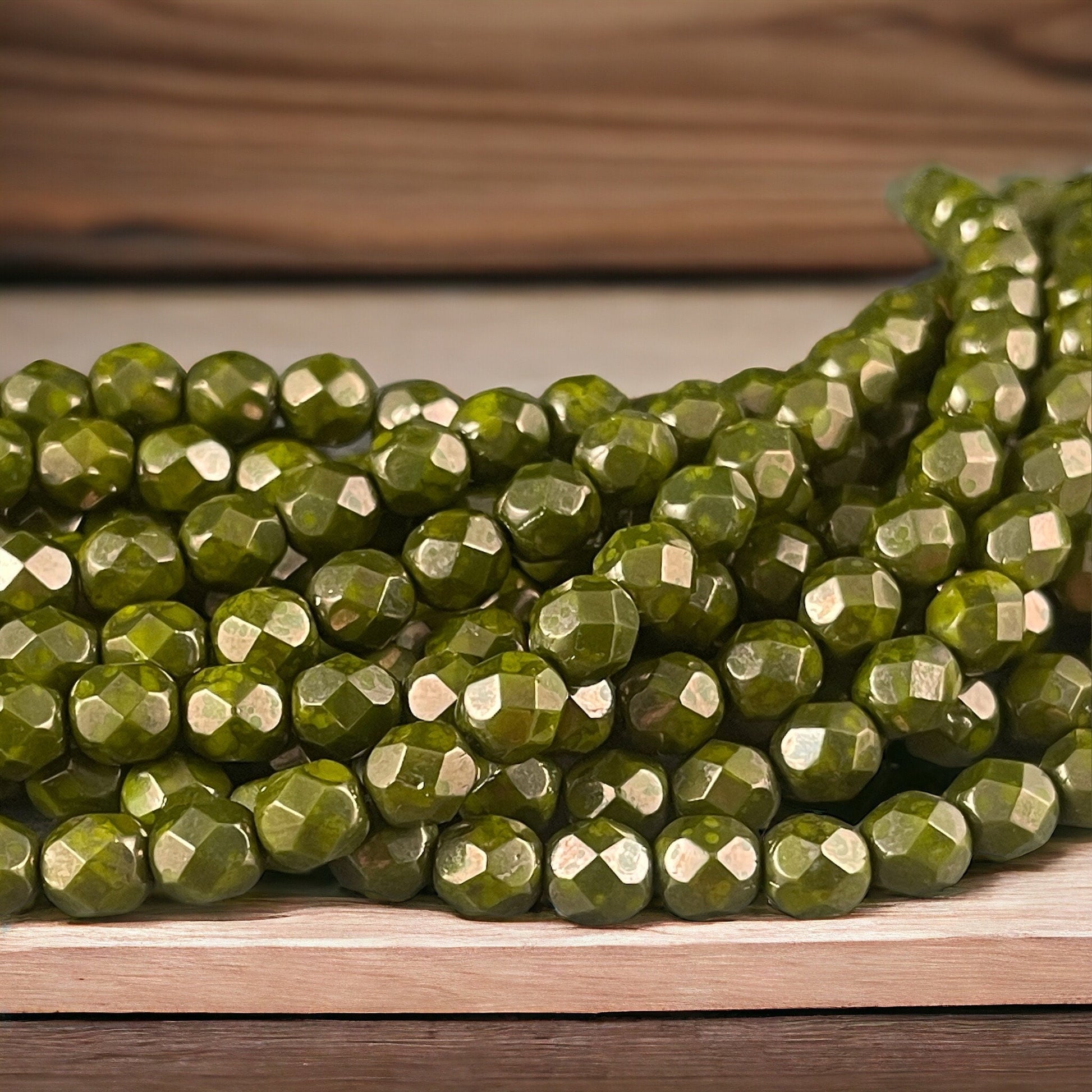 Olive Green 6mm Czech Glass Beads, Fire Polished Faceted Round Beads, Olive Green Moon Dust Luster (FP6/SM-MD53420) * Qty. 25