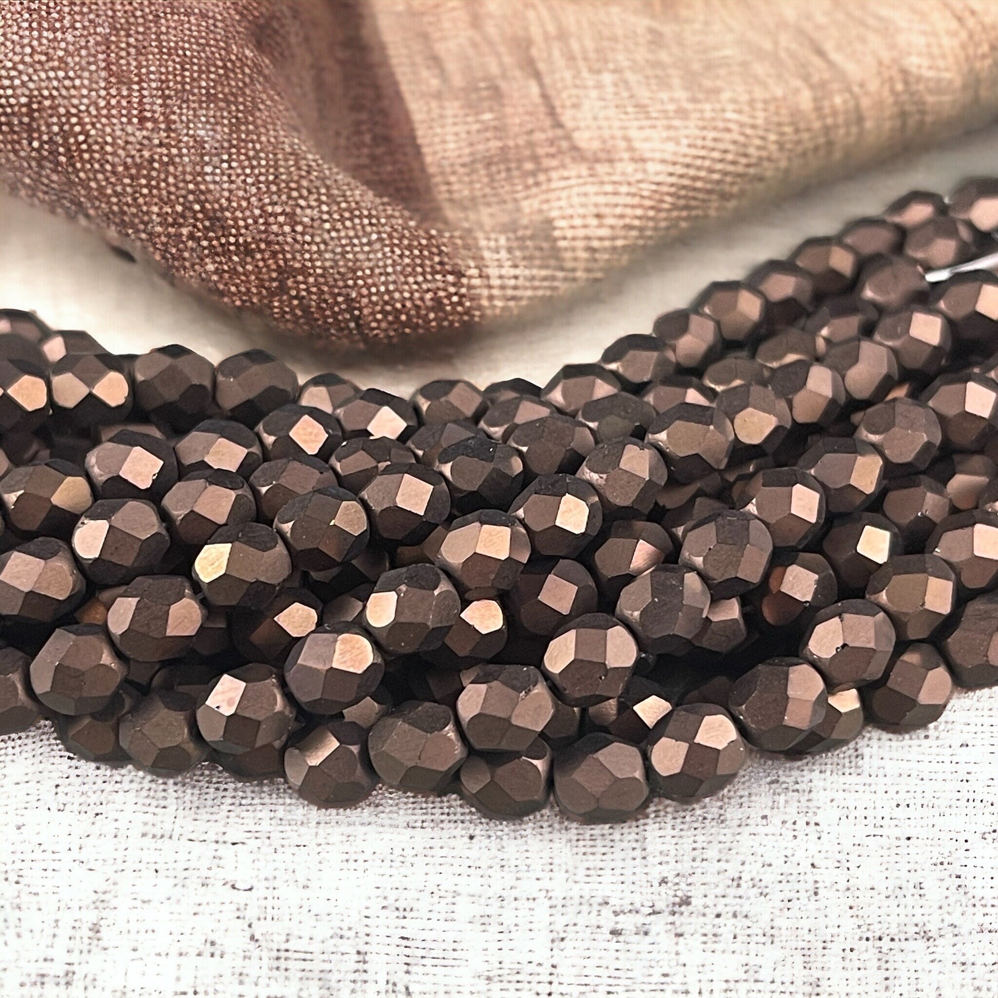 Czech Glass Beads, 6mm Opaque Brown Faceted Round Bead, Matte Bronze Metallic Beads (FP6/SM-M14415) * Qty 25