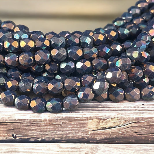 6mm Bluish Purple Iridescent Beads, Czech Glass Fire Polished Faceted Round Beads - Oxidized Bronze Titanium Luster (FP6/SM-15865) * Qty. 25