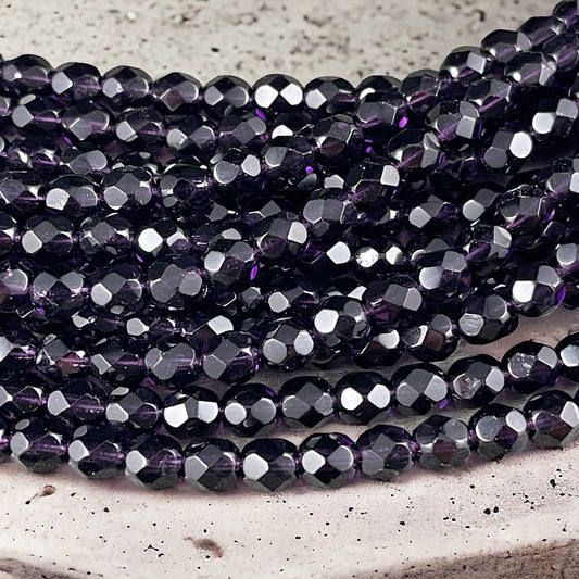 Dark Purple Czech Glass Beads, 6mm Fire Polished Faceted Round Bead - Tanzanite Purple Beads (FP6/SM-2051) * Qty 25