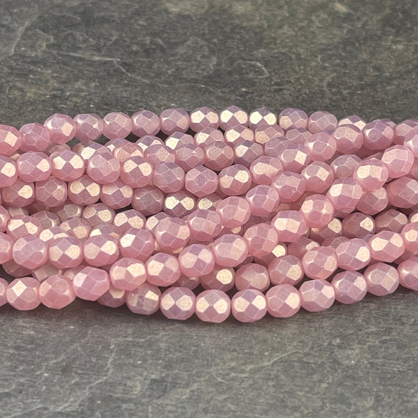 Czech Beads, 6mm Czech Glass Fire Polished Beads, 6mm Faceted Round Beads - Powered Pink with Golden Luster (FP6/SM-MSG71010) * Qty 25