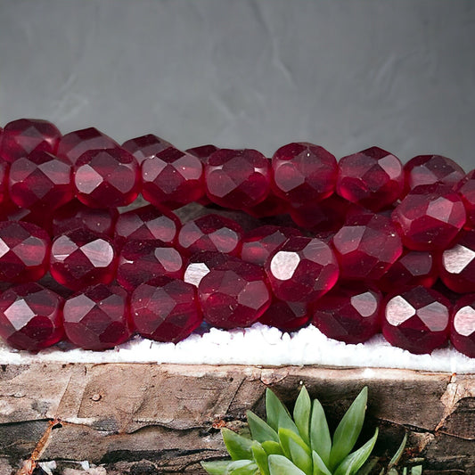 Matte Ruby Red Czech Glass Beads - 6mm Faceted Round Beads -Versatile Dark Red Glass Beads (FP6/SM-M9010) * Qty 25