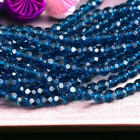 6mm Capri Blue Faceted Beads - Czech Glass Beads - Transparent Capri Blue Round Beads (FP6/SM-6008) * Qty 25