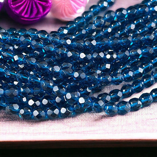 Czech Beads - 6mm Faceted Round Beads - Transparent Capri Blue (FP6/SM-6008) * Qty 25