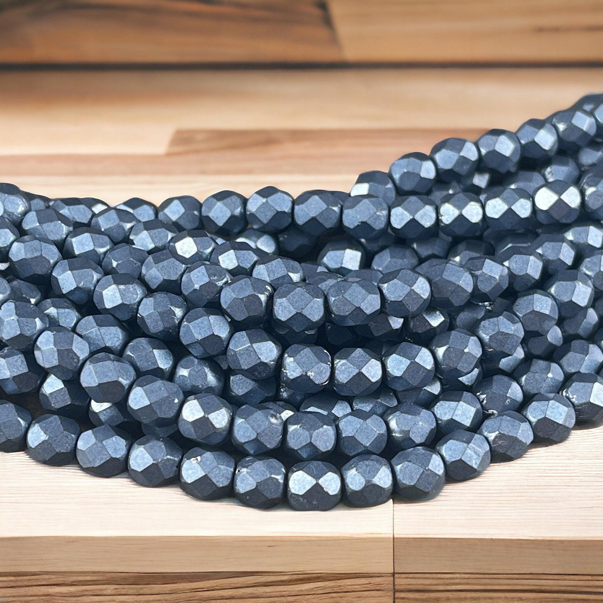 Czech Glass Beads, 6mm Denim Blue Faceted Round Beads - Metallic Bluestone Fire Polished Beads (FP6/SM-07B02) * Qty. 25