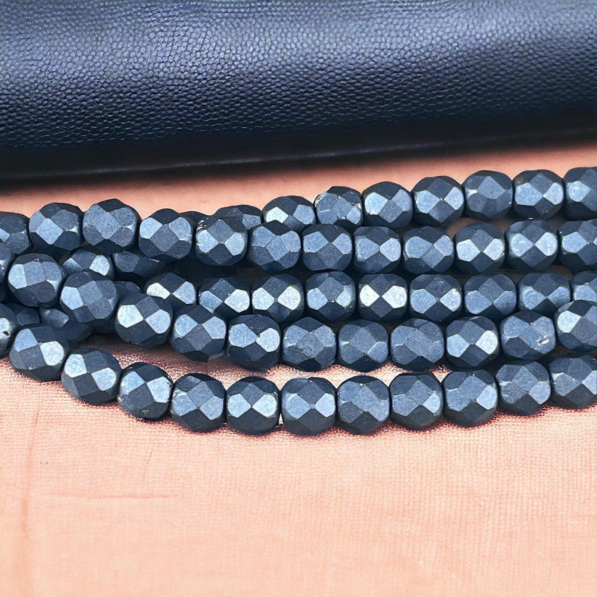 Czech Glass Beads, 6mm Denim Blue Faceted Round Beads - Metallic Bluestone Fire Polished Beads (FP6/SM-07B02) * Qty. 25