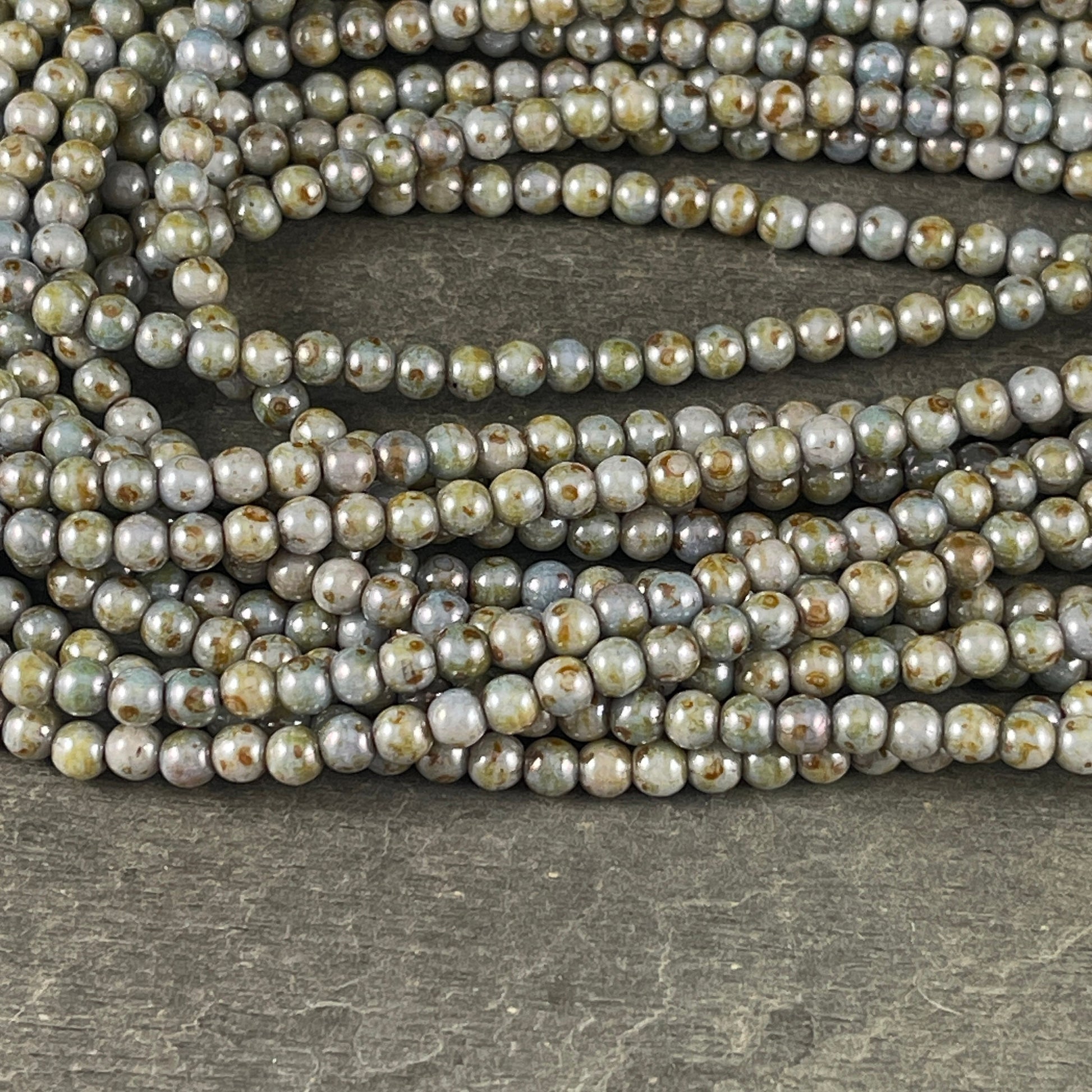 4mm Round Czech Glass Beads - Small Green Grey with Picasso Luster - 4mm Smooth Round Druk (D4/SM-P65431) * Qty 100