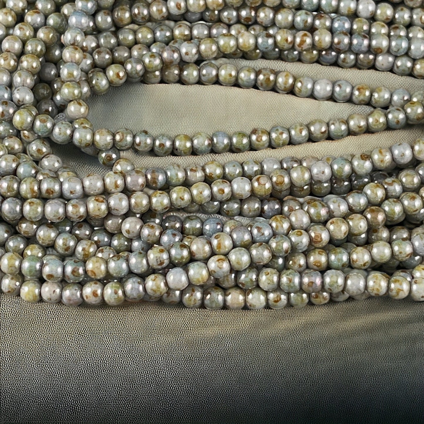 4mm Round Czech Glass Beads - Small Green Grey with Picasso Luster - 4mm Smooth Round Druk (D4/SM-P65431) * Qty 100