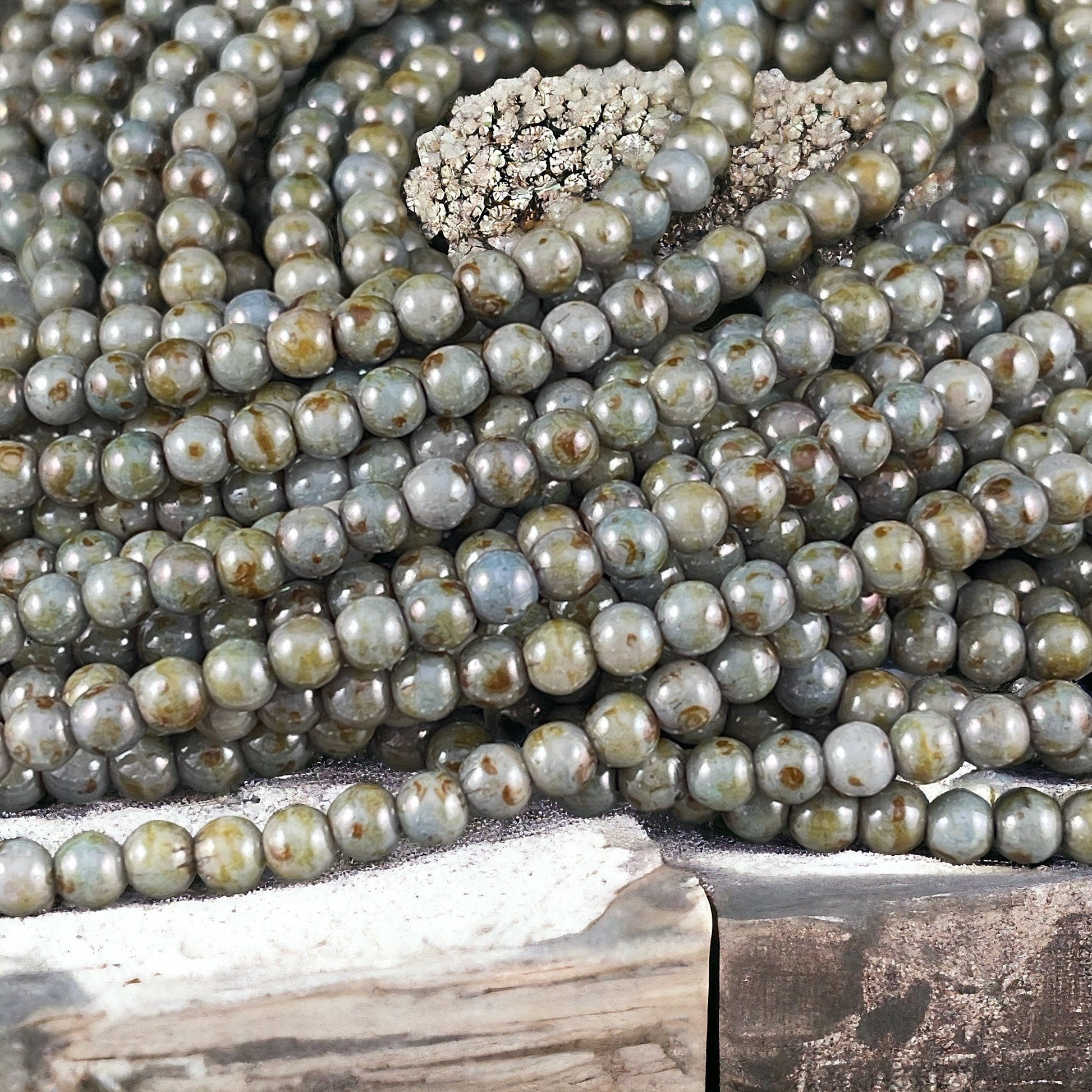 4mm Round Czech Glass Beads - Small Green Grey with Picasso Luster - 4mm Smooth Round Druk (D4/SM-P65431) * Qty 100