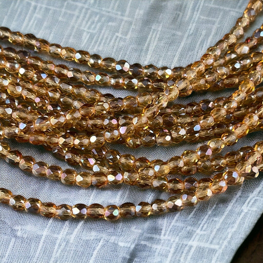 Transparent Gold Czech Glass Beads, 4mm Faceted Round Fire Polished Beads - Light Topaz Celsian, Champagne Gold (FP4/SM-Z1002) * Qty. 50