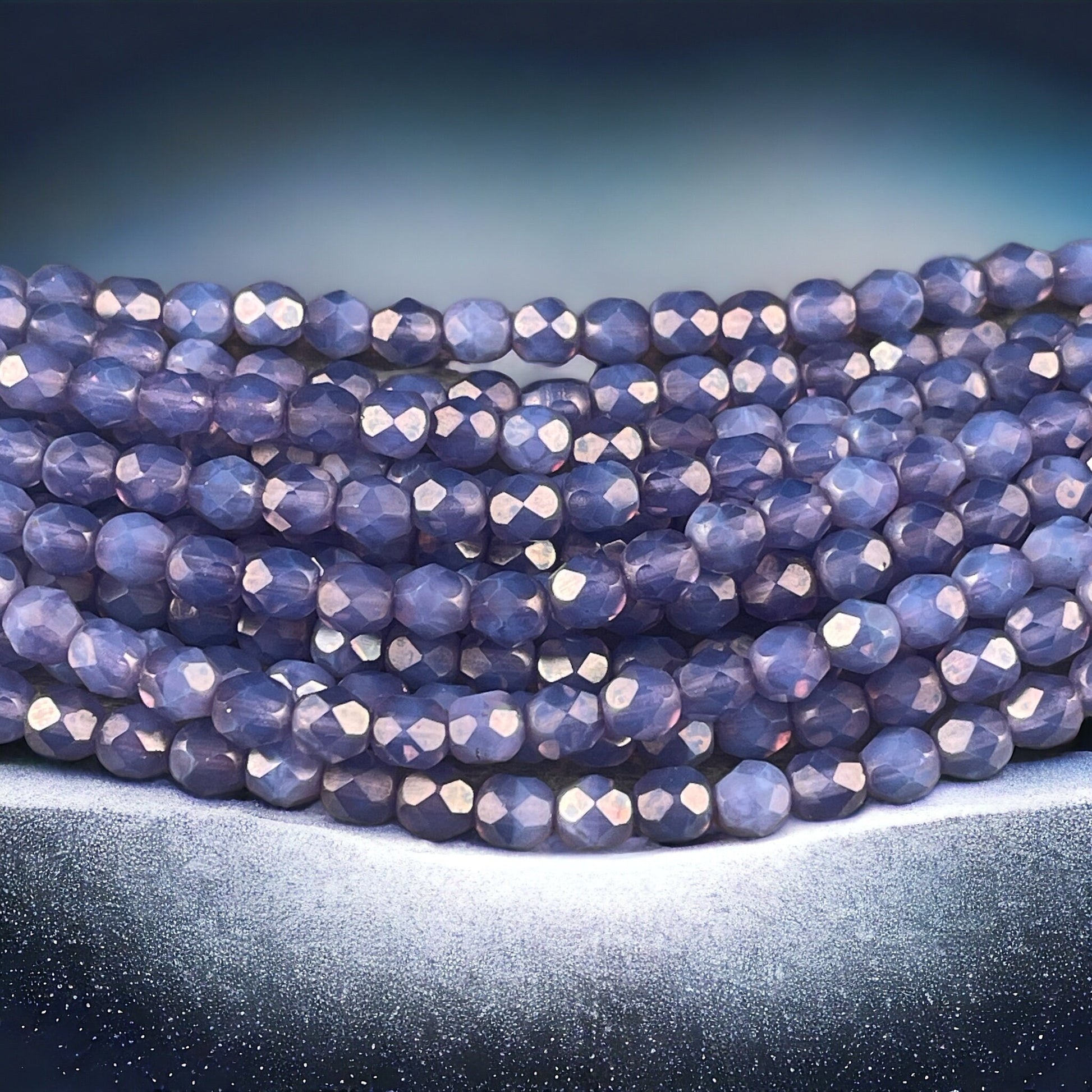 6mm Czech Glass Beads, Purple Luster Faceted Fire Polished Beads - Milky Amethyst with MoonDust Finish (FP6/SM-MD22310) * Qty. 25
