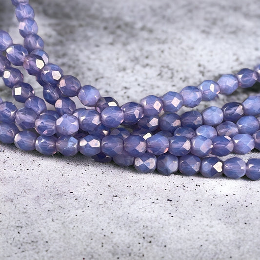 6mm Czech Glass Beads, Purple Luster Faceted Fire Polished Beads - Milky Amethyst with MoonDust Finish (FP6/SM-MD22310) * Qty. 25