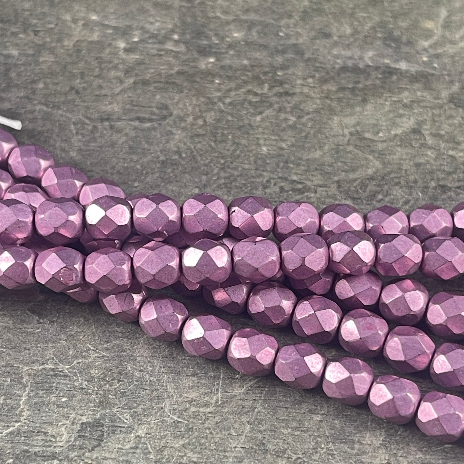 Purplish Pink Czech Glass Beads - 6mm Fire Polished Faceted Round Beads - Golden Orchid Pink Metallic Beads (FP6/SM-08A03) * Qty. 25